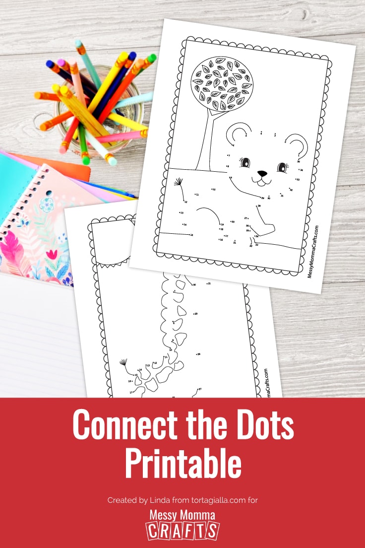 Preview of printable connect the dots worksheets on desk background with jar of pencils and notebooks.