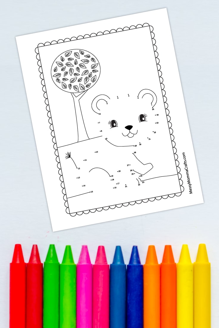 Preview of printable connect the dots worksheet with row of colored crayons on bottom border.