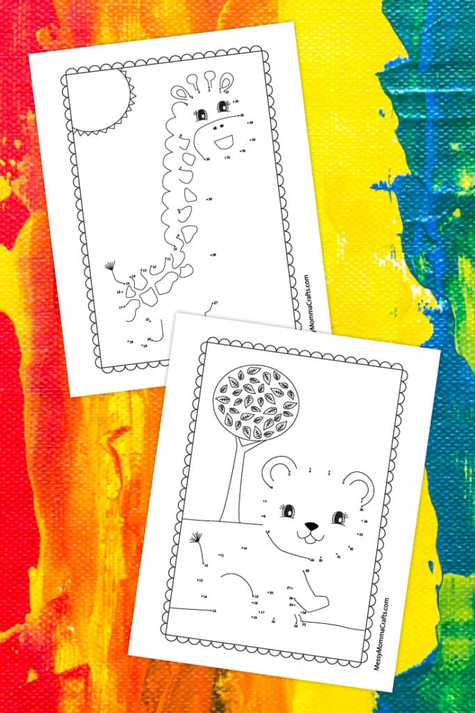 Giraffe and lion connect the dot worksheets from Messy Momma Crafts.