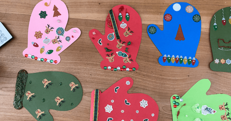 7 paper mittens, in red, blue, green, and pink