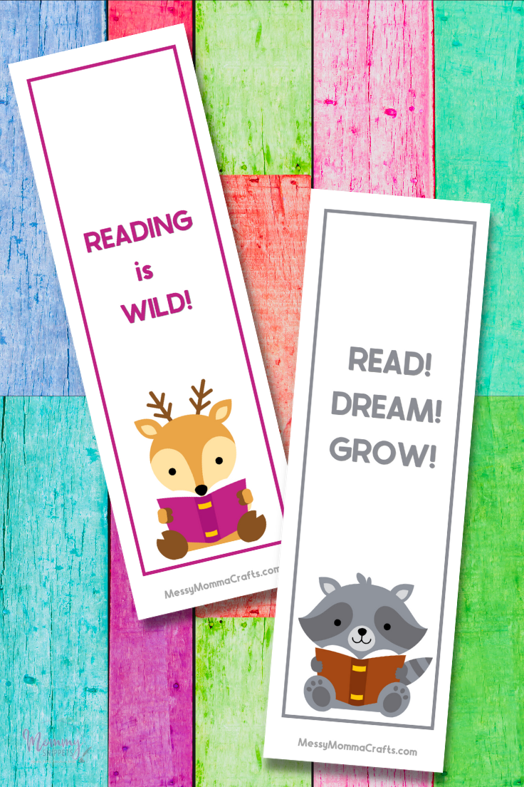 2 printable bookmarks featuring a raccoon and a deer reading books.
