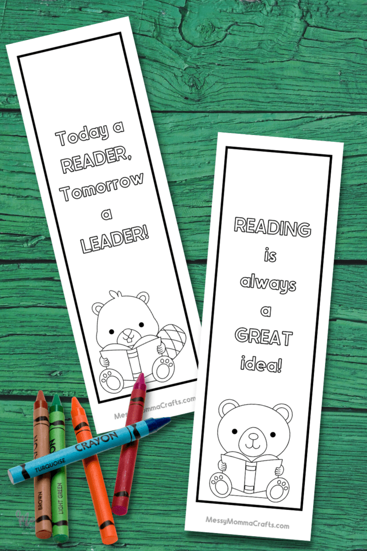 2 color your own bookmarks with crayons. Featuring a bear reading a book + a quote and a beaver reading a book + a quote.