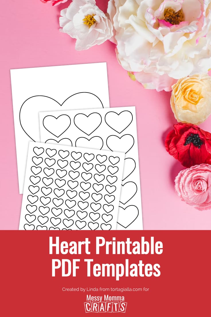 Preview of 3 printable heart templates on pink background with flowers on the top right corner.
