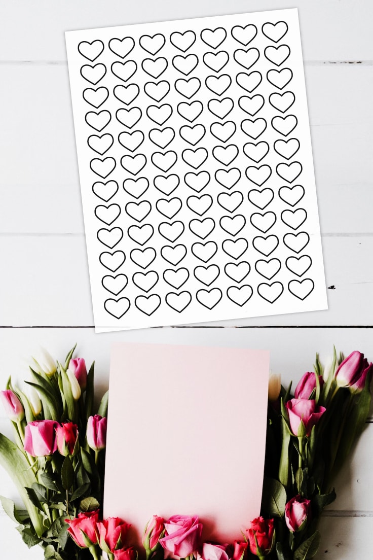Preview of 3 printable heart templates on white wooden background with card and bouquet of tulip flowers at the bottom. 