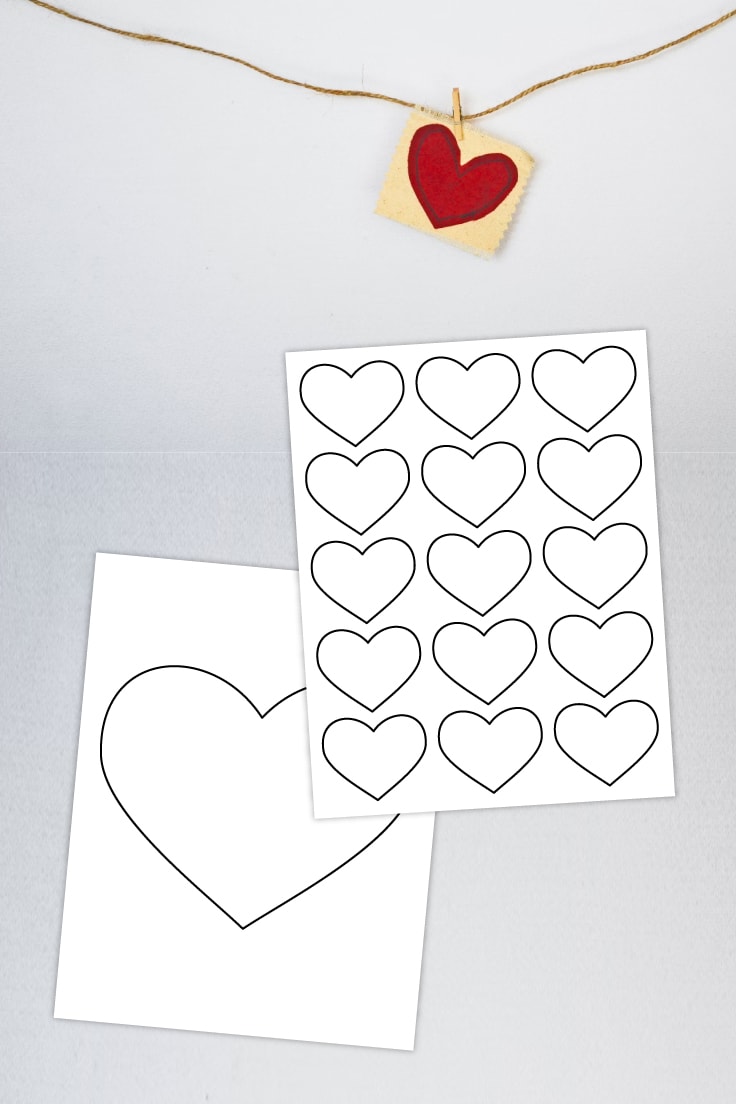 Preview of 3 printable heart templates on white background with heart garland decoration hanging on string on top.