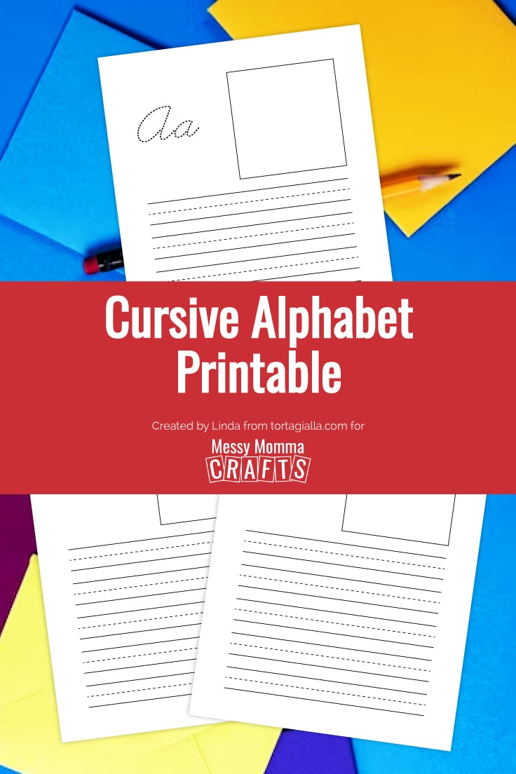 Preview of A, B, C cursive letters printable pages on a blue background of papers and a pencil.