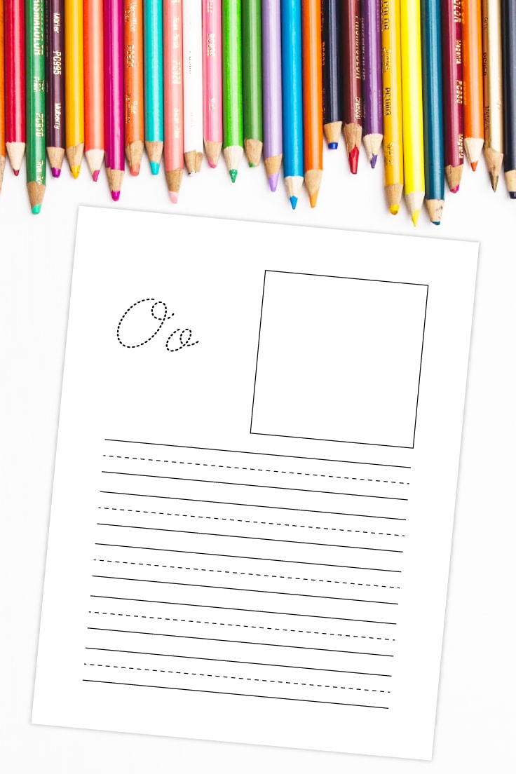 Preview of O cursive letter printable page on a white background with row of colored pencils on top border.