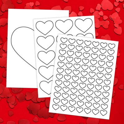 Preview of 3 printable heart templates on white paper over red confetti hearts background.