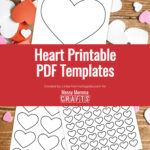 Preview of printable heart templates on wooden desk with paper hearts cutout confetti.