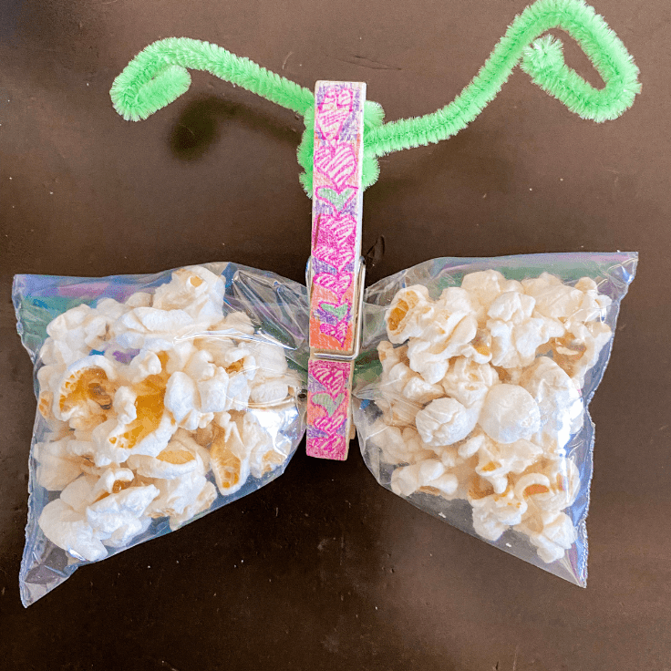 baggie with popcorn and a clothes pin in the middle with green pipe cleaner antenna