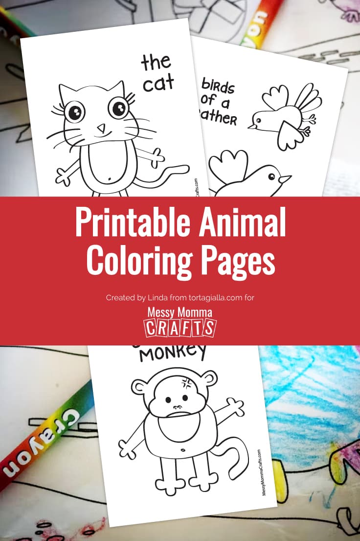 Preview of three animal coloring page printables on top of desk with crayons and coloring pages.