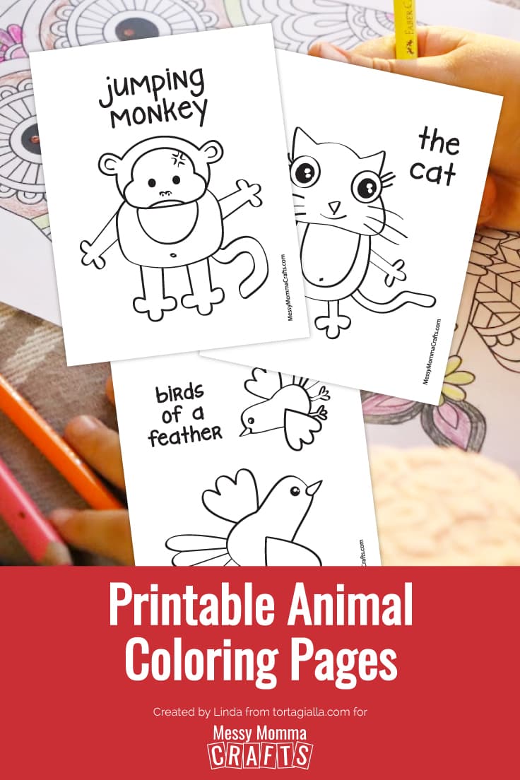Preview of three animal coloring page printables on top of desk with child's hands coloring an illustration.