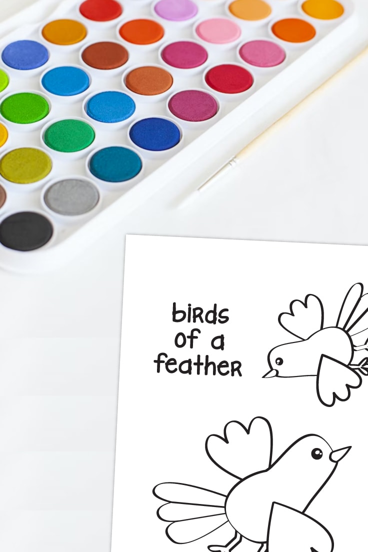 Preview of birds of a feather coloring  page on white background with kids watercolor palette and paintbrush on top.
