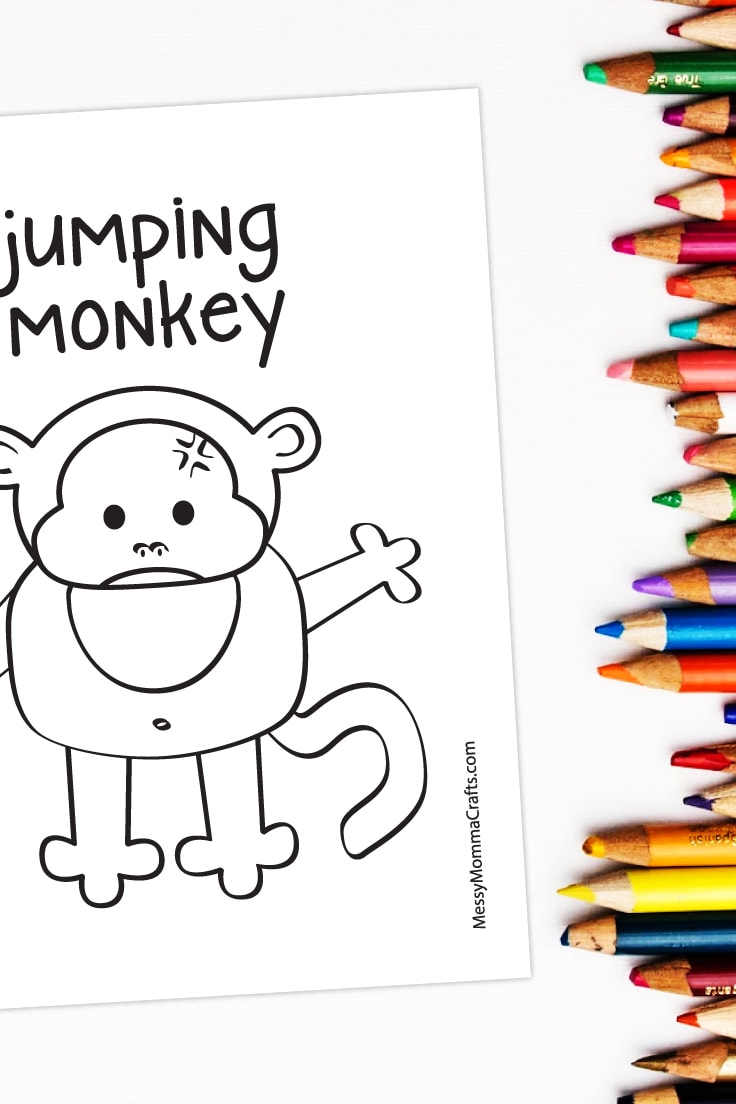 Preview of jumping monkey coloring page on white background with column of coloring pencils down the  right hand side. 