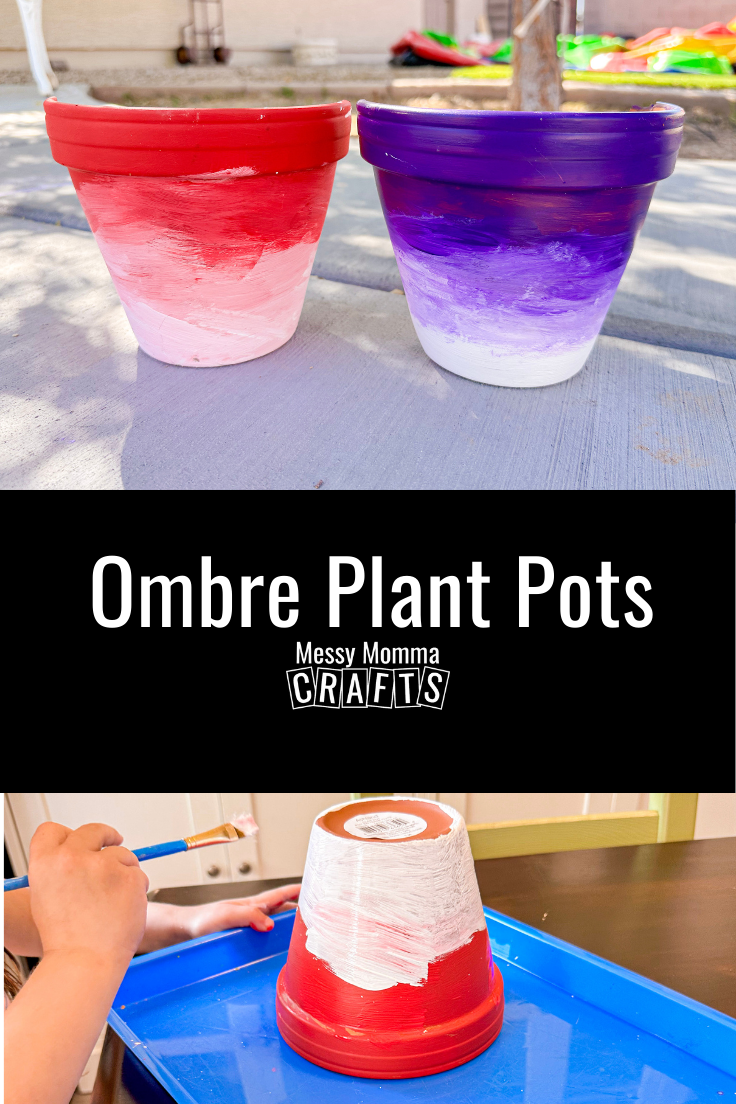 2 ombre pots, one purple to white, one red to white, sitting on concrete