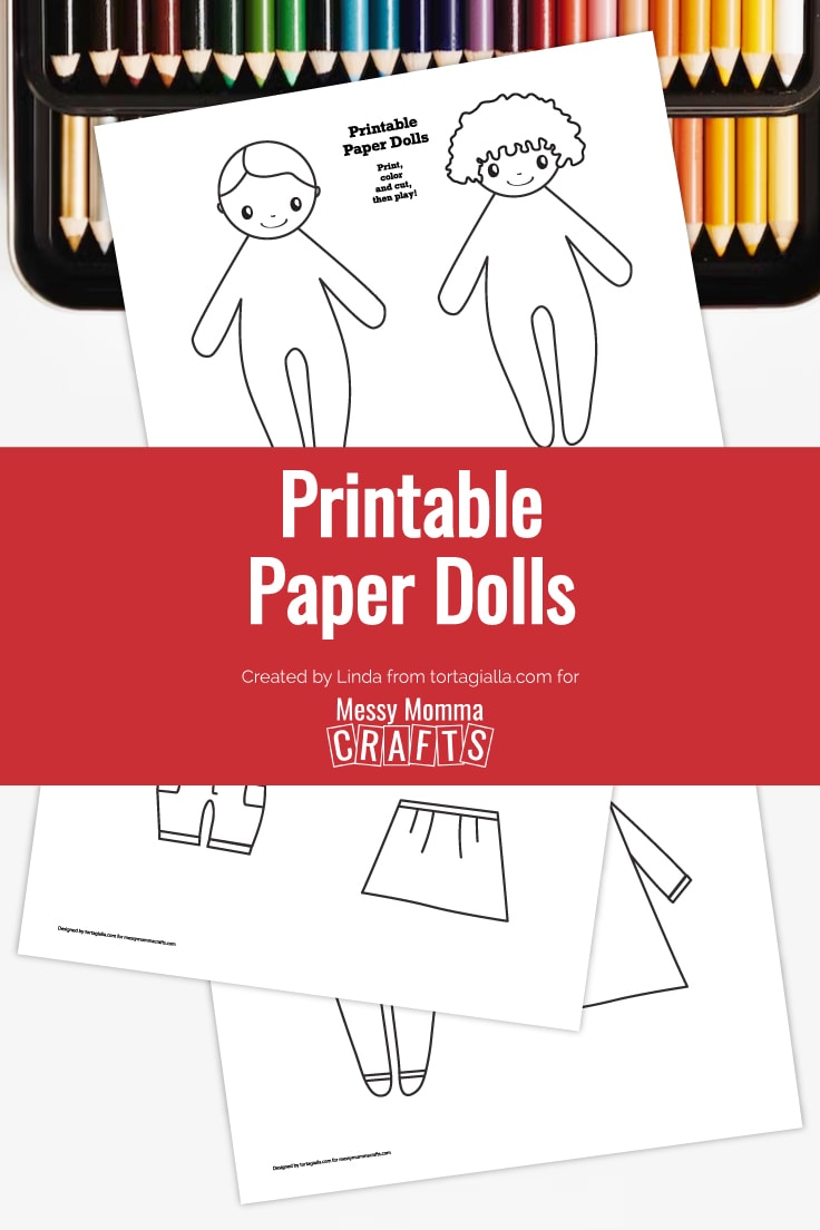 Preview of 3 pages of paper doll printables on white background with colored pencils in black tin on top edge.