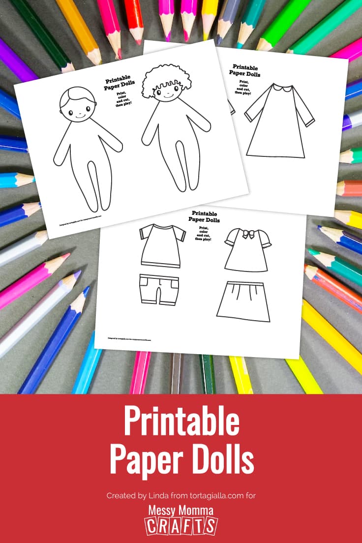 Preview of 3 pages of paper doll printables on gray background with mixed colored pencils radiating outward underneath.