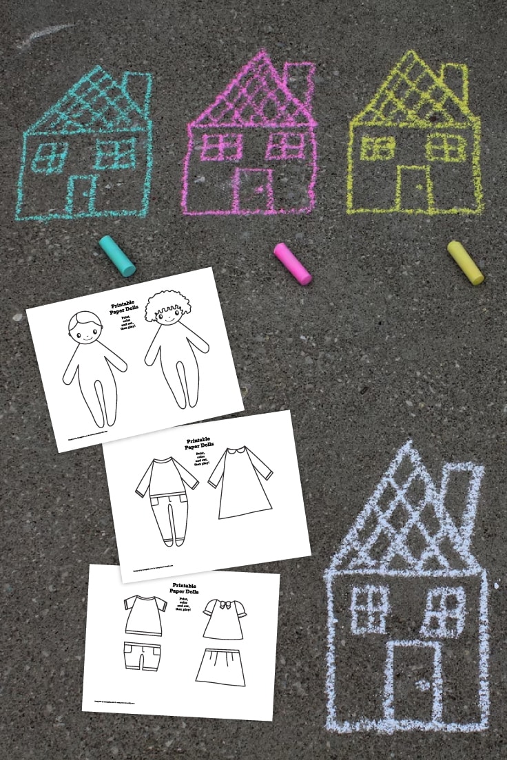 Preview of 3 pages of paper doll printables on black asphalt backgroudn with chalk drawings of houses throughout.