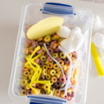 Aerial shot of a Weather Sensory Bin, filled with Froot Loops, pipe cleaners, cardstock and cotton