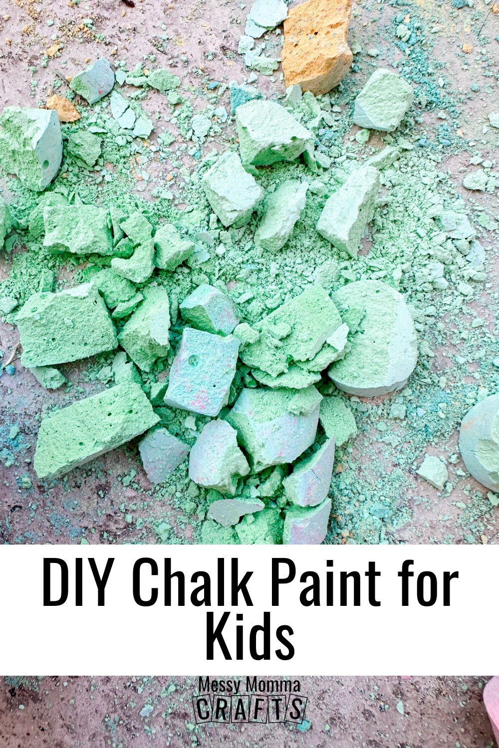 Broken chalk pieces in green and blue
