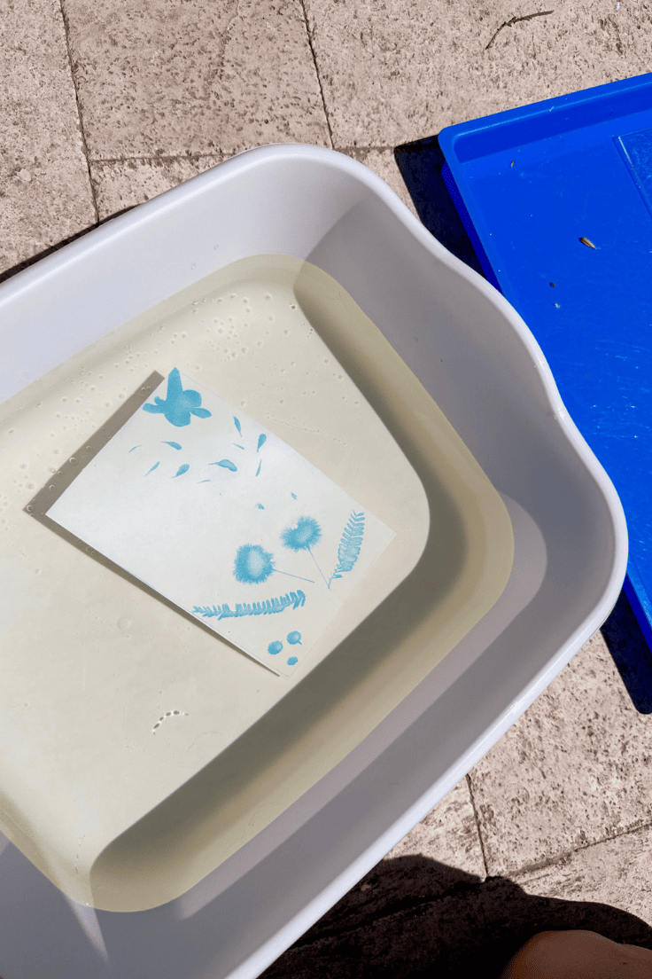 Sun art print sitting in a tub of water