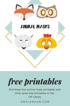 Free printable animal masks, fox mask in upper left, owl in upper right. Sheep in bottom left, chicken in bottom right.