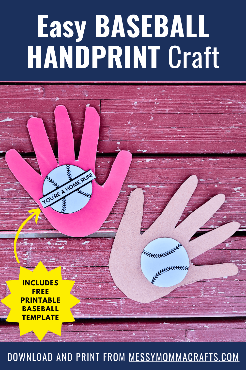 Easy baseball handprint craft using a child's hand and a printable baseball template.