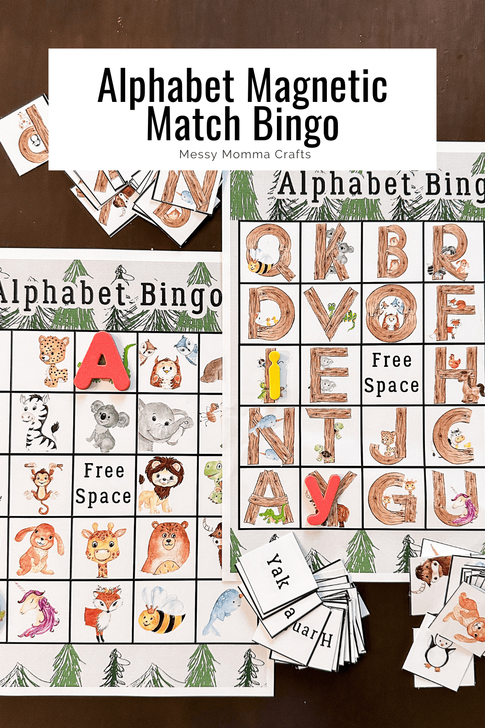 Alphabet bingo, 2 bingo boards one with a bunch of different animals and one with a bunch of uppercase letters that look like wood with animals on them.