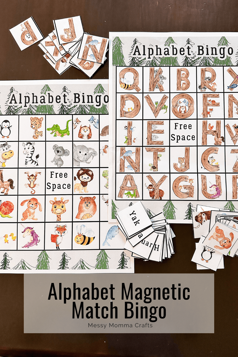 Alphabet bingo, 2 bingo boards one with a bunch of different animals and one with a bunch of uppercase letters that look like wood with animals on them.