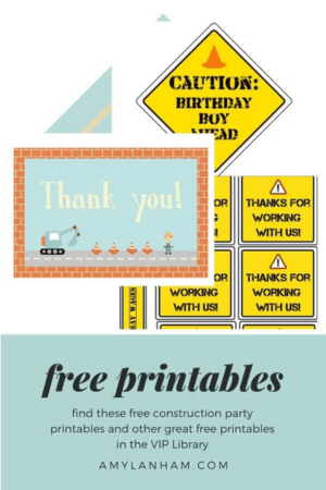 Printable construction party printables. Shows a thank you card, thanks for working with us tags, and a caution birthday boy ahead sign.