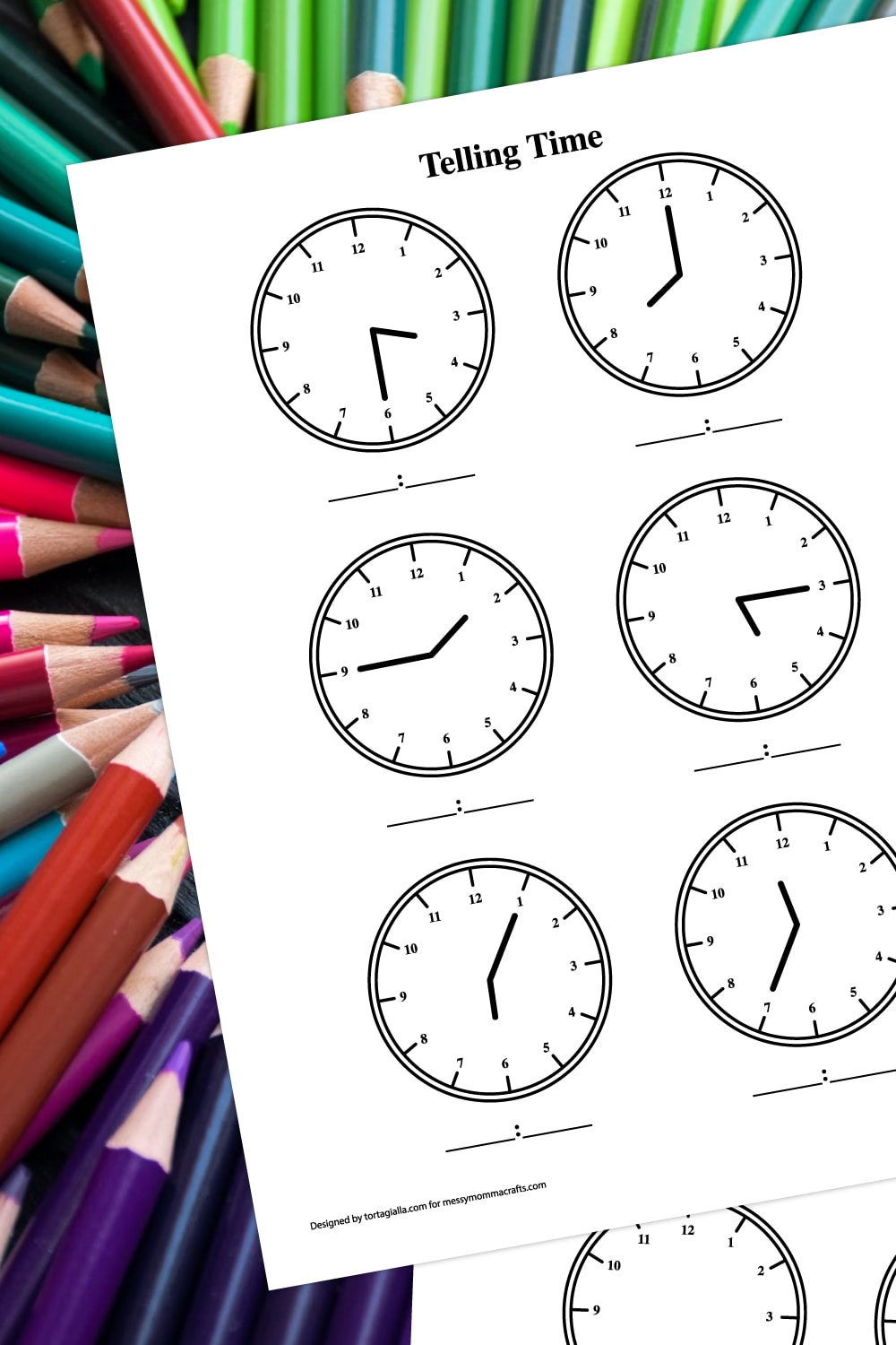  Background with a bunch of colored pencils in circular pattern with cropped telling time worksheets preview on top. 