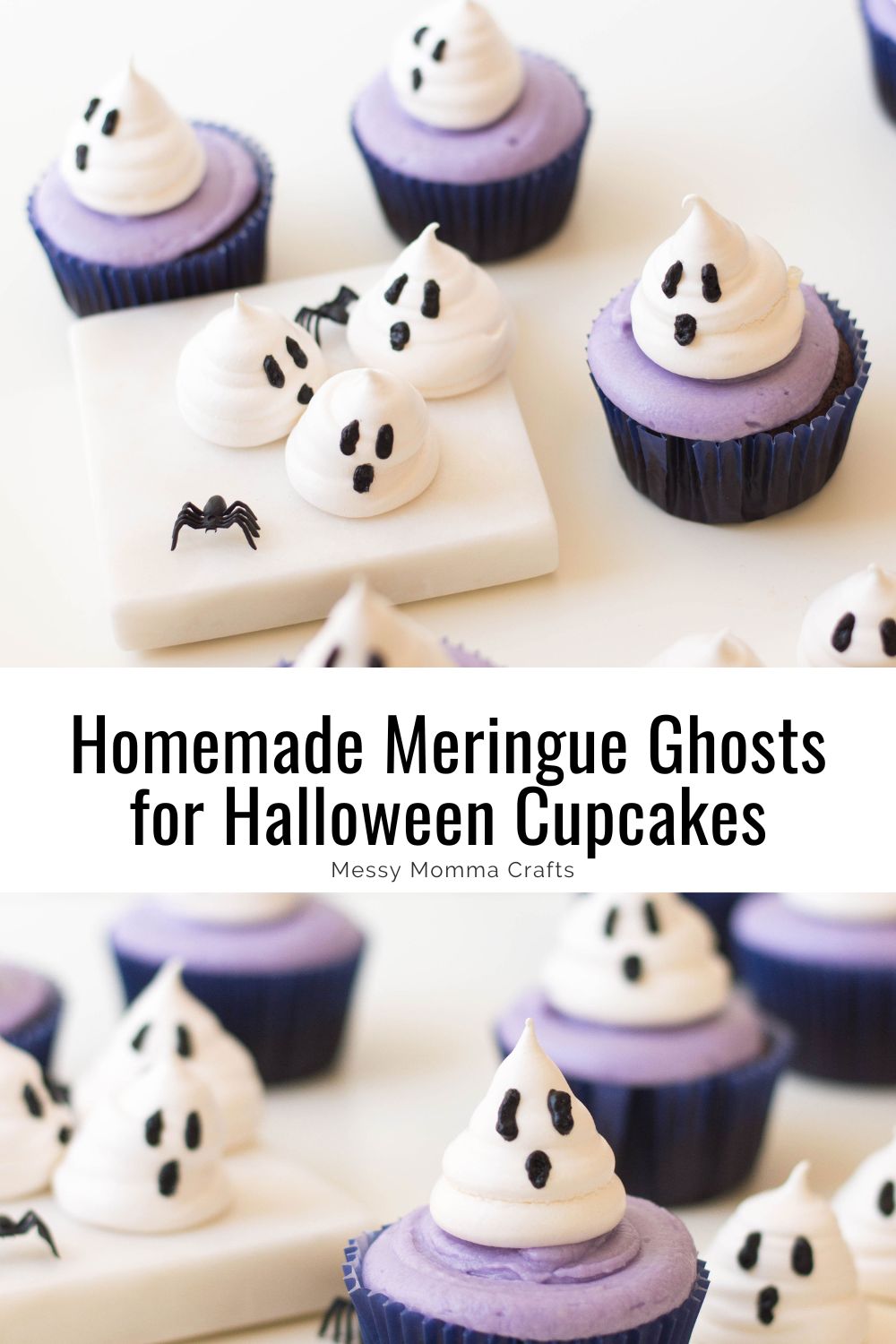 Homemade meringue ghosts for Halloween cupcakes.