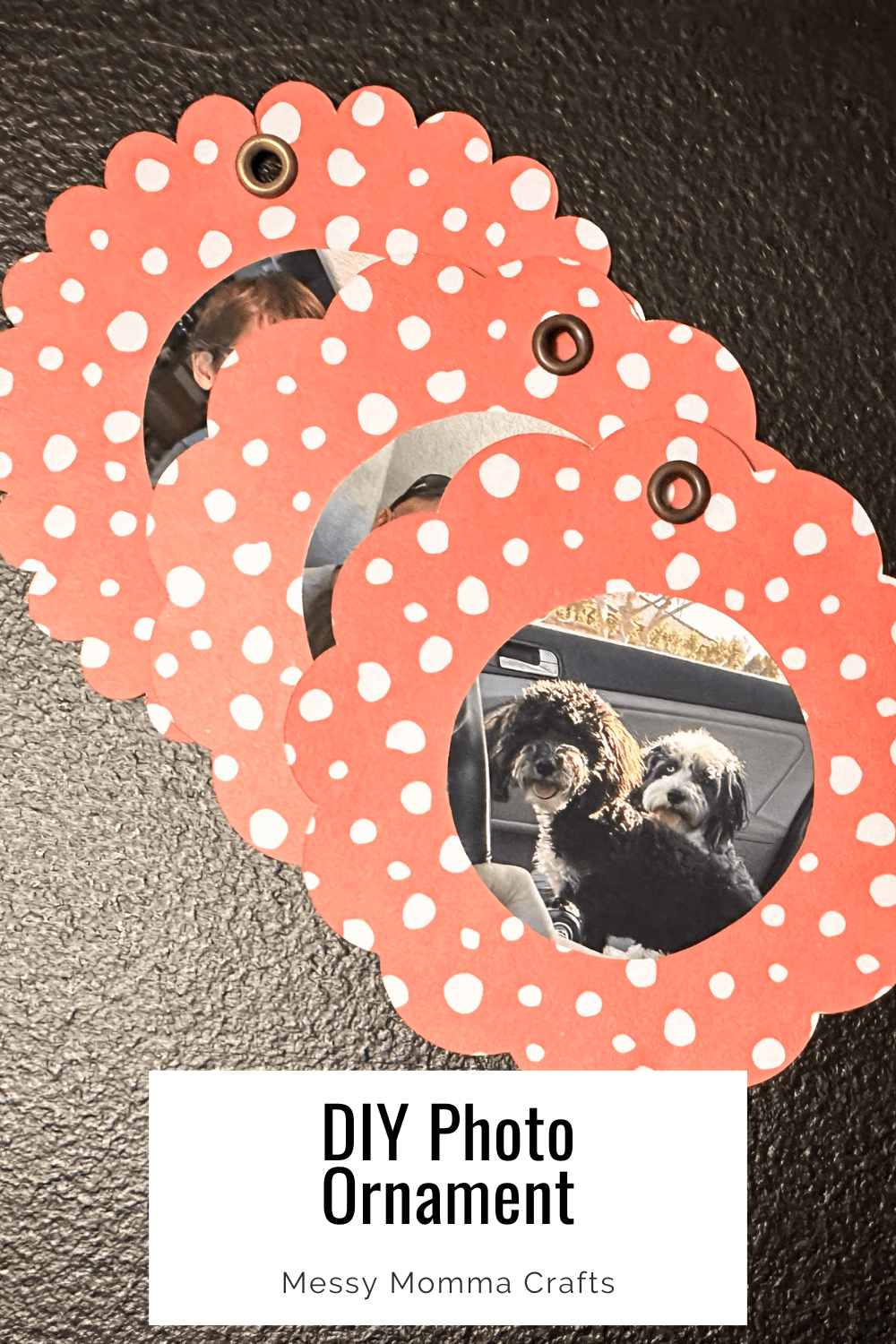 3 DIY photo ornaments, top one shows a picture of 2 dogs. Others the pictures cannot be seen. Patterned paper is red with white dots.