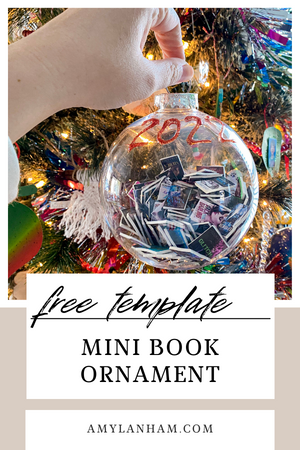 hand holding a clear ornament with small books inside. 2022 written in red on the ornament. Christmas tree in the background