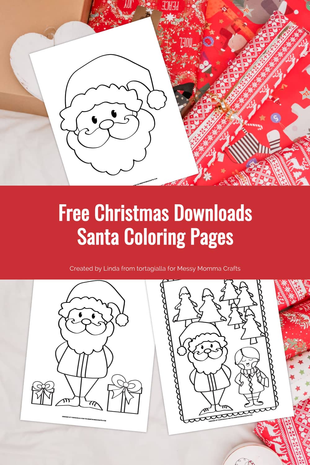 Preview of printable coloring pages with Santa illustrations on top of background with Christmas wrapping papers.