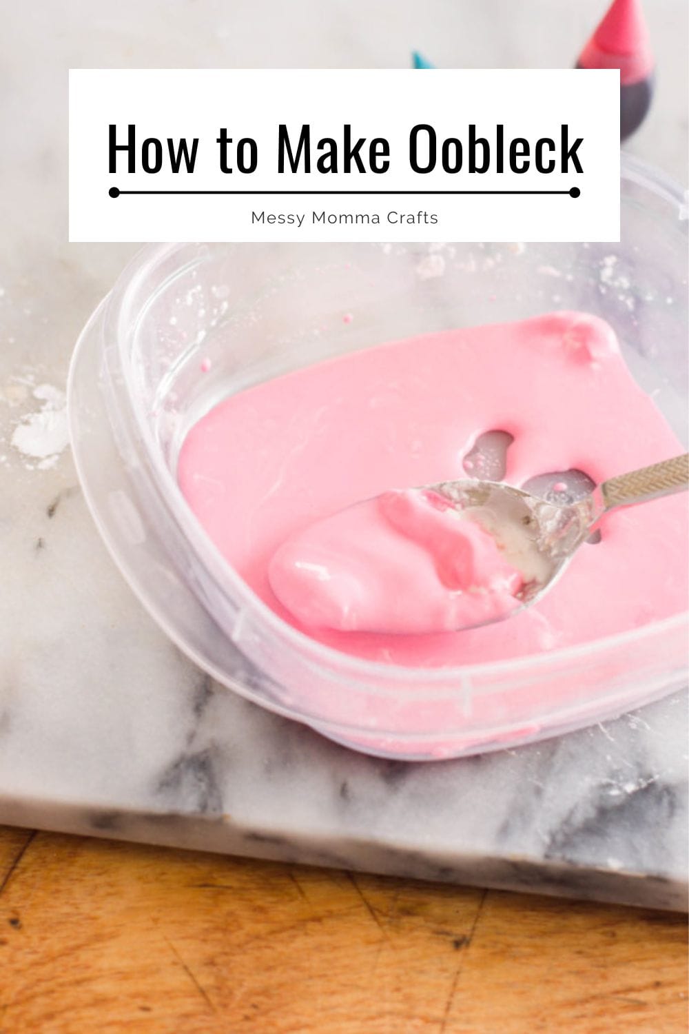 How to make oobleck with pink slime in a plastic tub with a spoon.