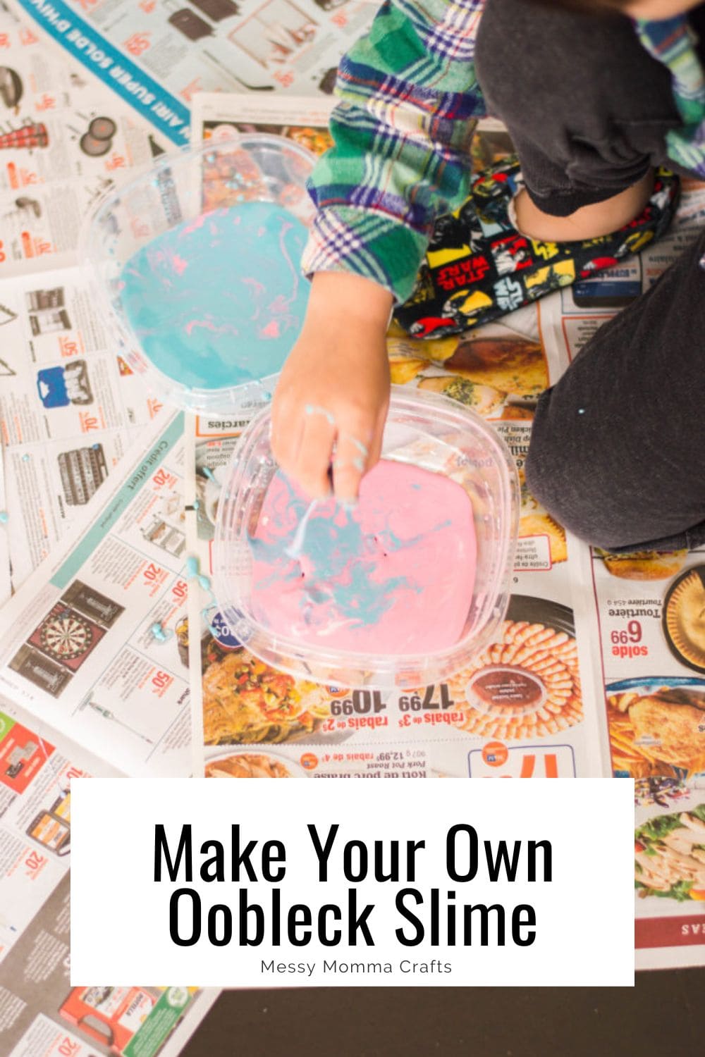 Make your own oobleck slime in pink and blue.