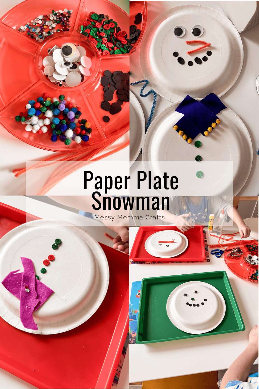 craft supplies on a tray, kids decorating a paper plate