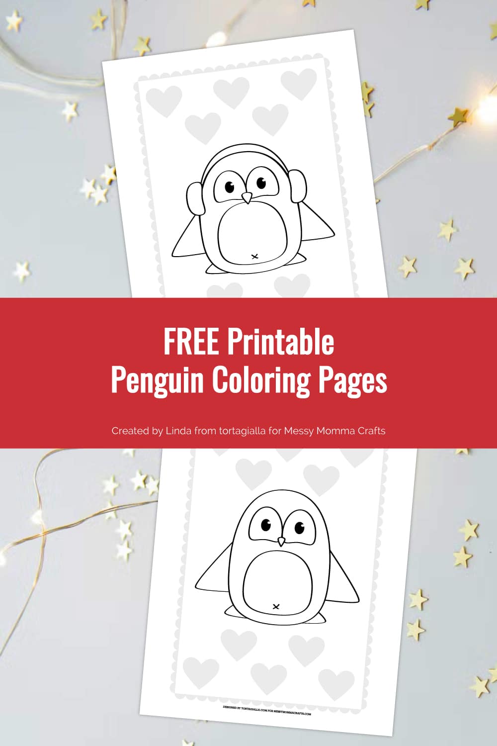 Preview of two penguin coloring pages for kids on white background with sprinkling of golden stars and fairy lights throughout.