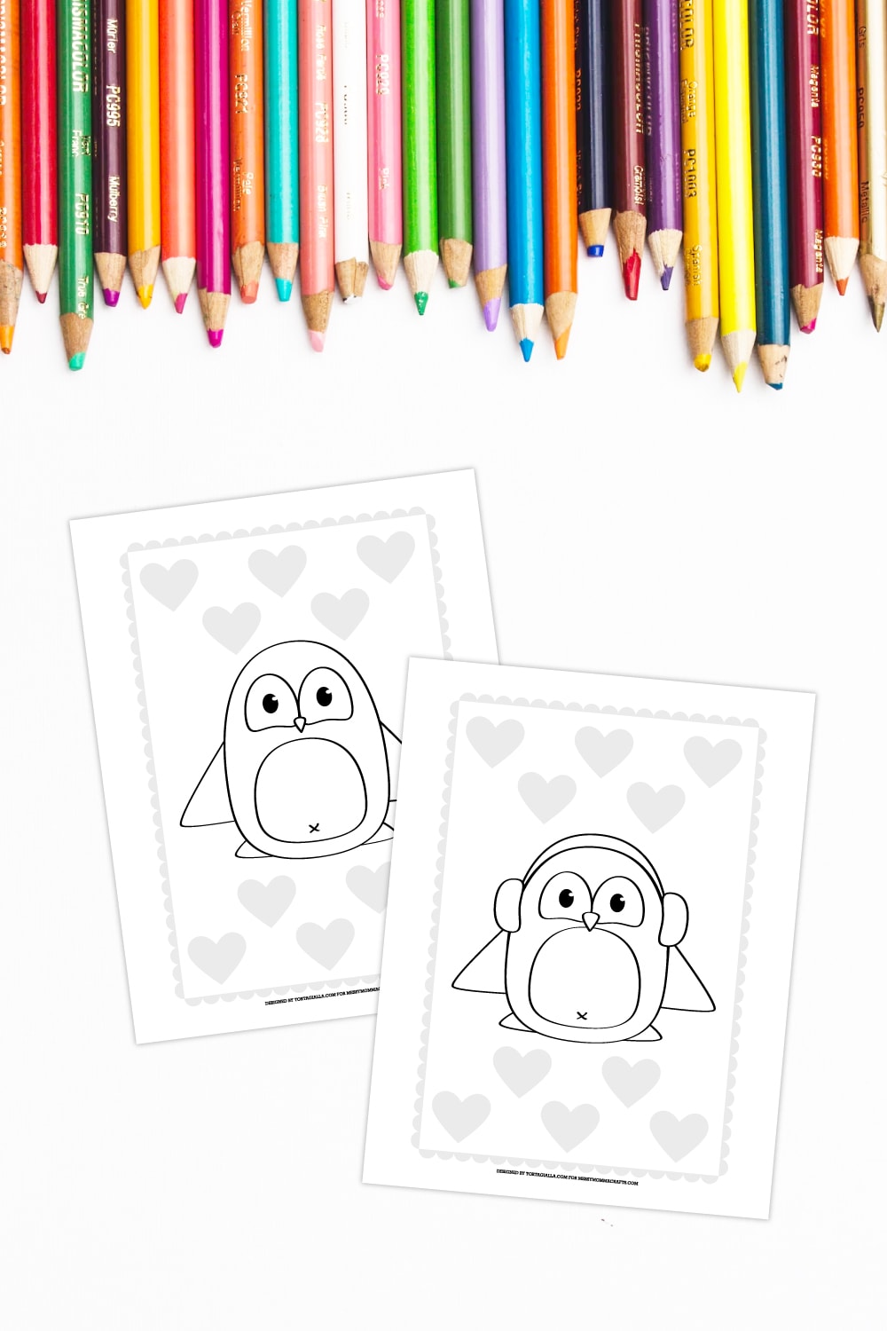 Preview of two penguin coloring pages for kids on white background with row of colored pencils on the top border.
