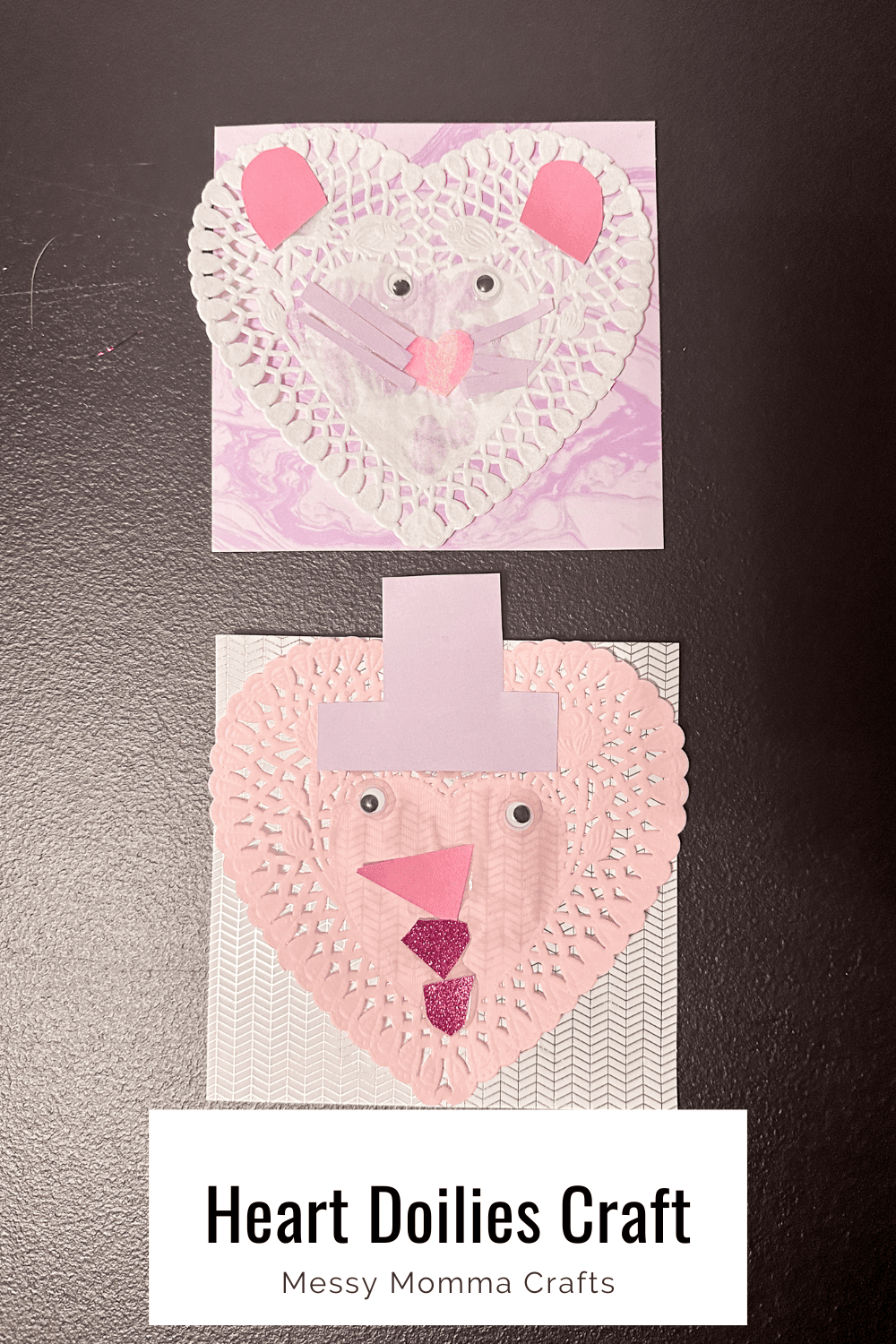 Heart doilies used to make a snowman with purple top hat; and a rat with cute pink ears, purple whiskers, and a pink felt heart nose.