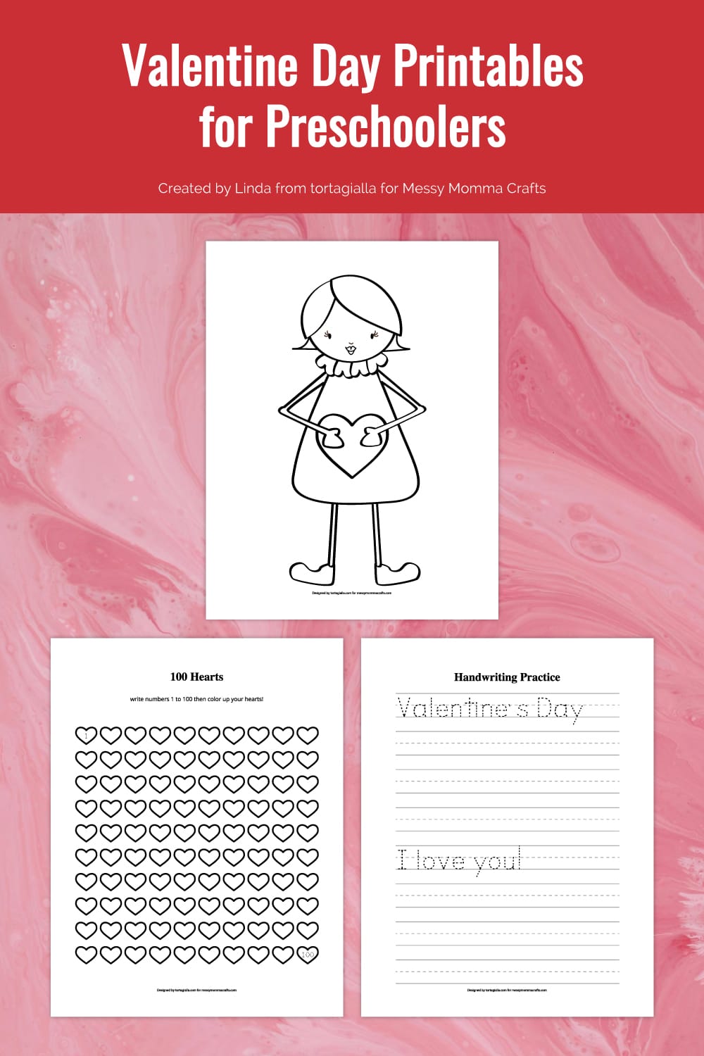 Preview of three pages of valentine printables for preschooler worksheets on top of pink marbled background texture. 