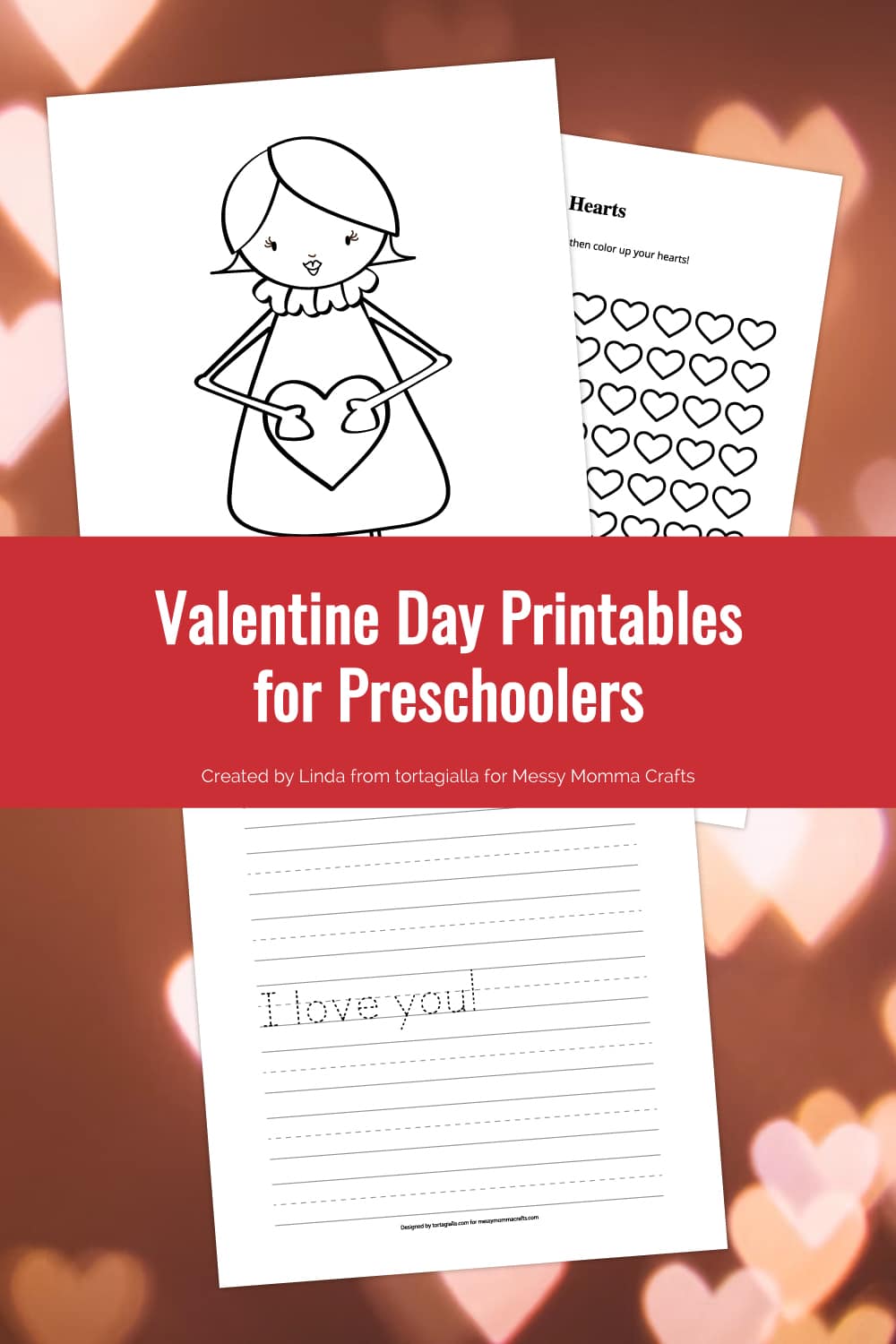 Preview of three pages of valentine printables for preschooler worksheets on top of heart bokah light background.