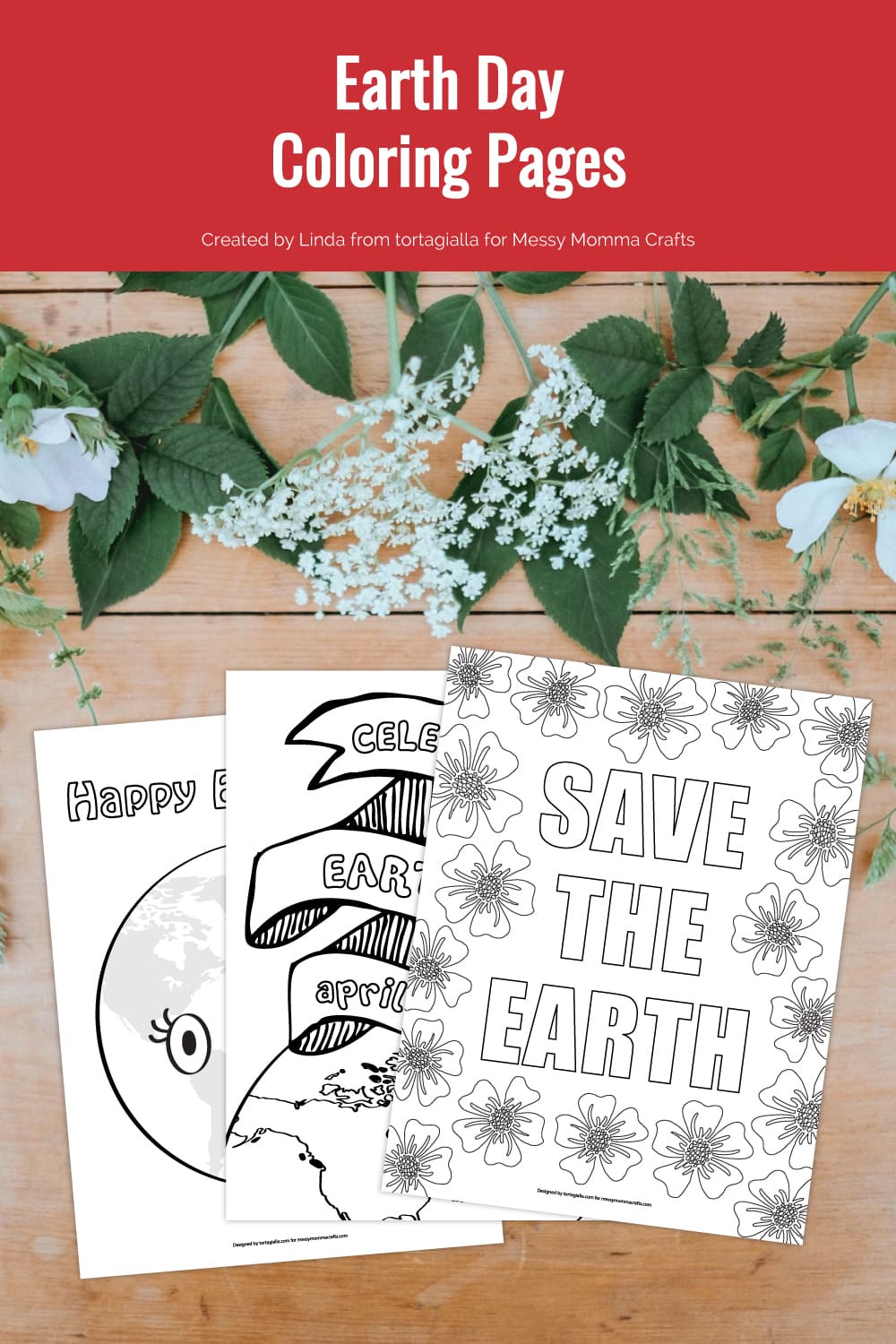 Preview of three earth day coloring page illustrations on top of wooden background with green foilage and whit eflowers on top border.