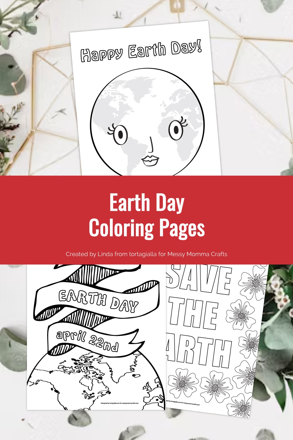 Preview of three earth day coloring page illustrations on top of white desk with green foilage on top left and bottom right with gold wire underneath on top.