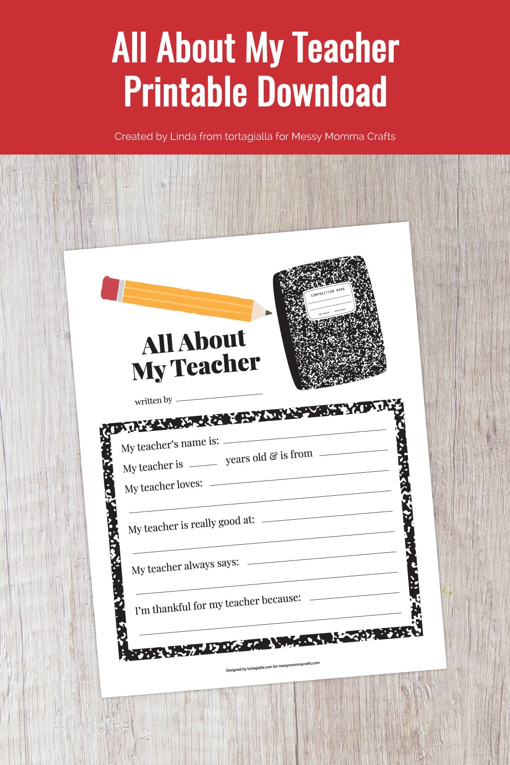 Preview of all about my teacher printable page on light gray wooden background.
