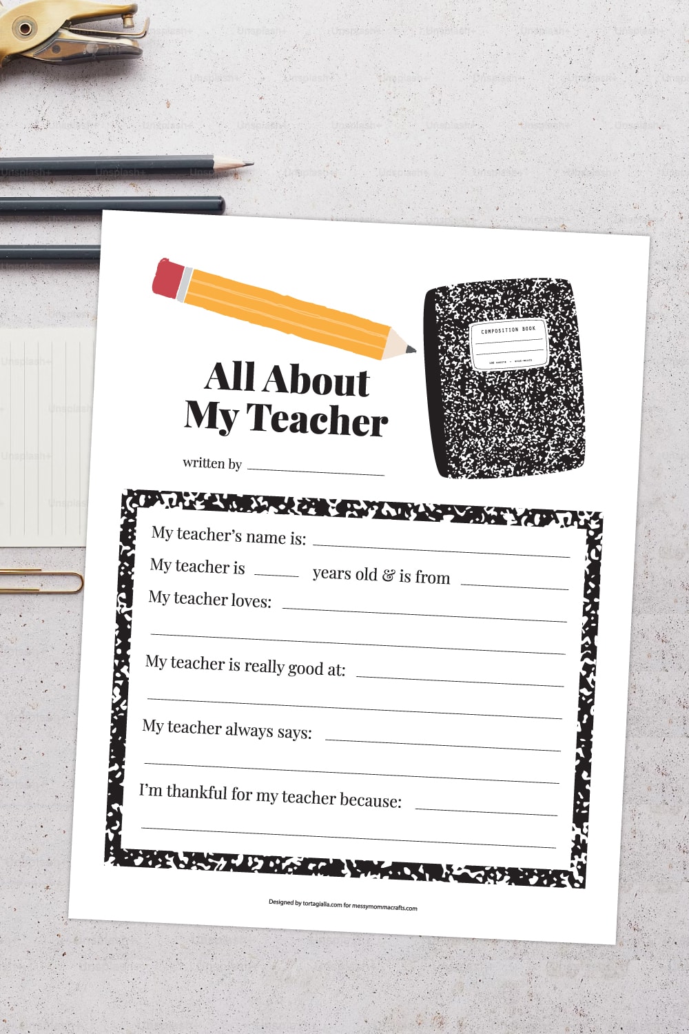 Preview of all about my teacher printable page on concrete background with hole puncher, pencils, lined paper and paperclip on the left side cropped. 