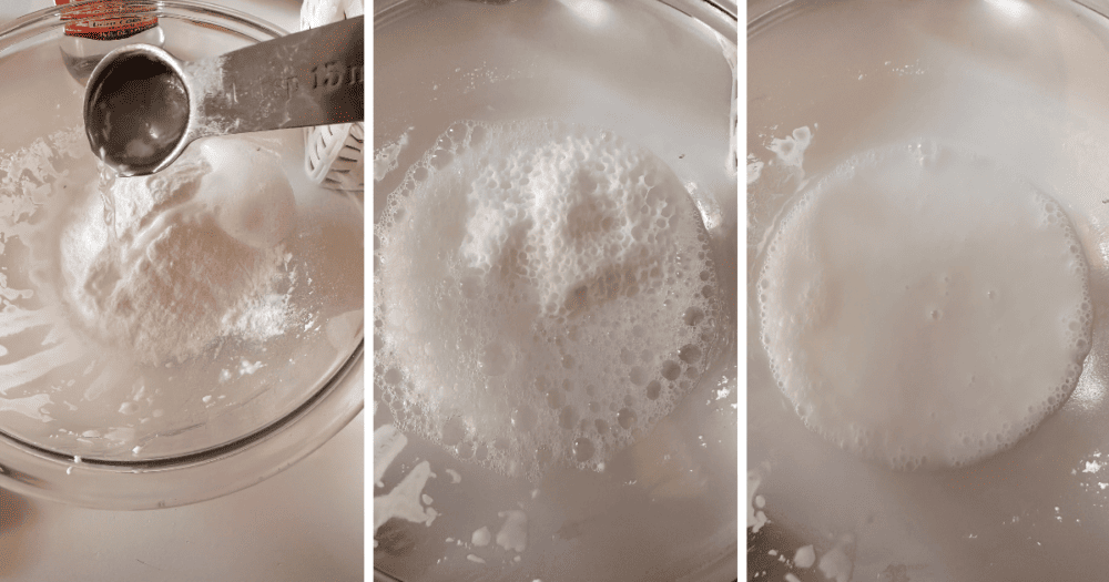 three pictures. Left showing pouring vinegar into baking soda. Middle is the fizzing reaction. Right is what it looks like when all mixed together. Only slight foaming
