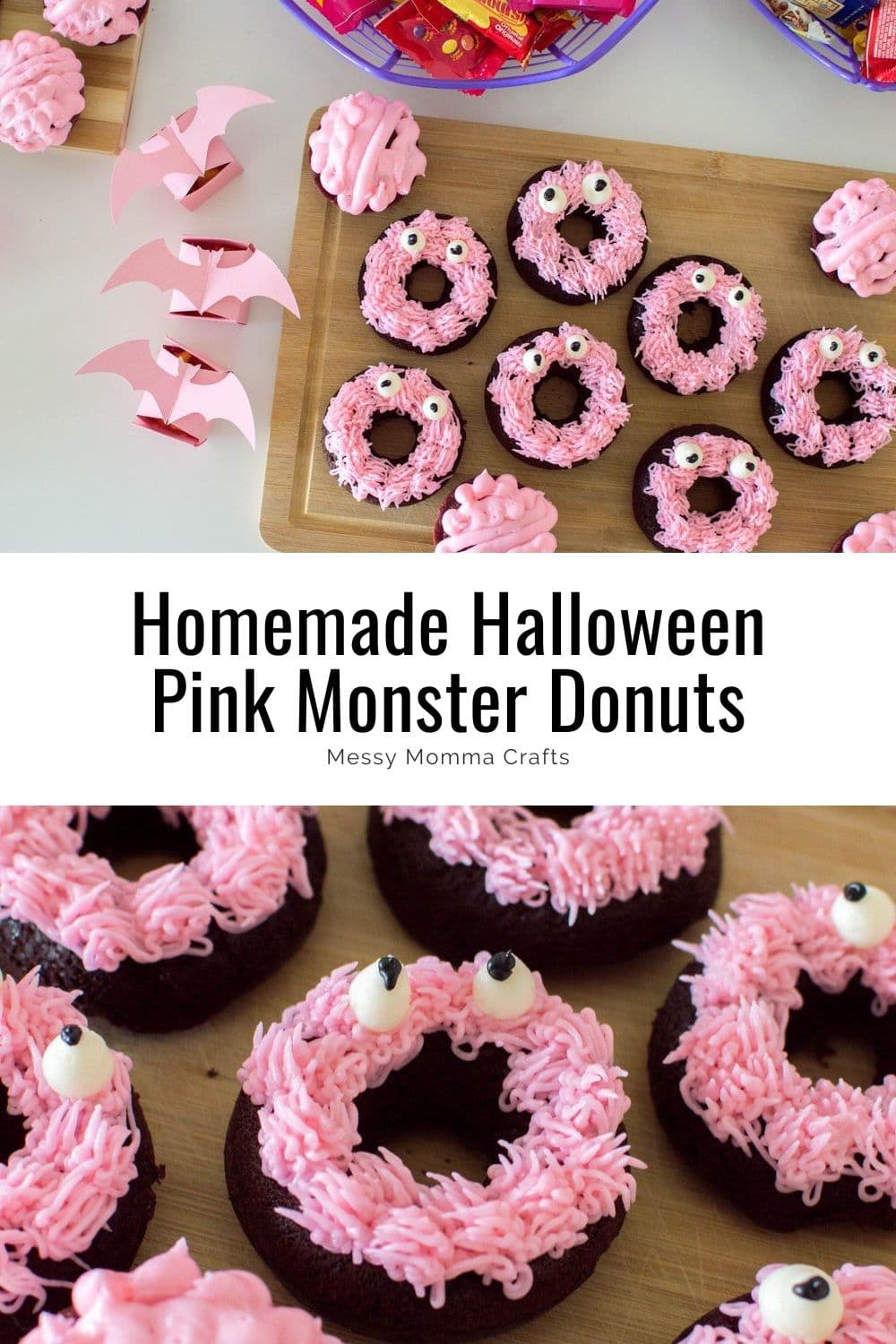 Homemade Halloween pink monster donuts.